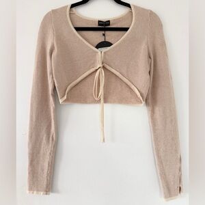 White Fox Beige Tie-Front Cropped Knit Long Sleeve Top Medium